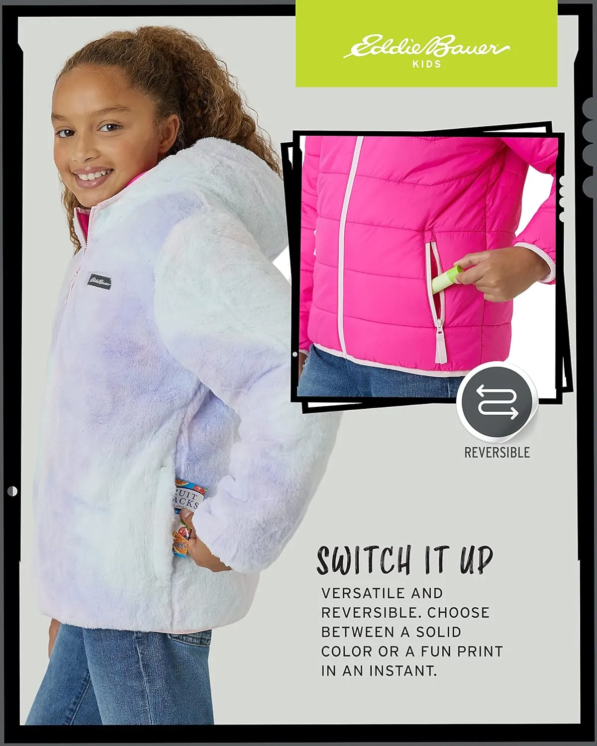 Eddie Bauer Girls' Reversible Jacket - Deer Harbor Waterproof Lightweight Puffer Coat with Faux Shearling Lining (5-20)