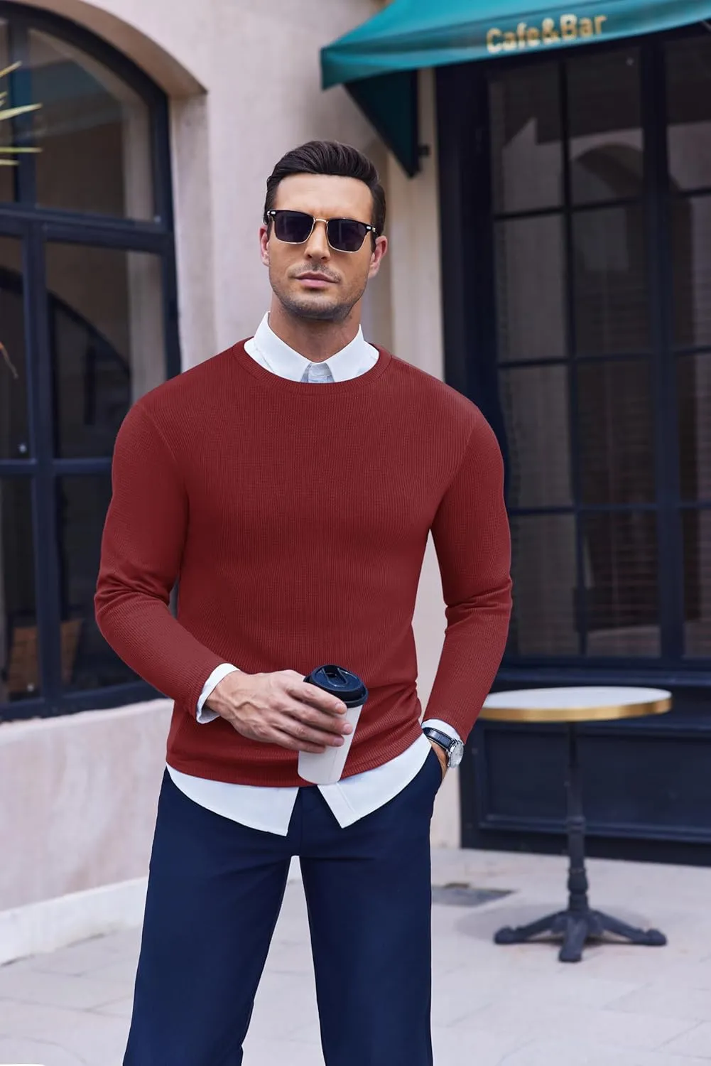 Ekouaer Men's Long Sleeve Shirts Honeycomb Waffle Pullover Sweater Crewneck Thermal Tops Lightweight Undershirts