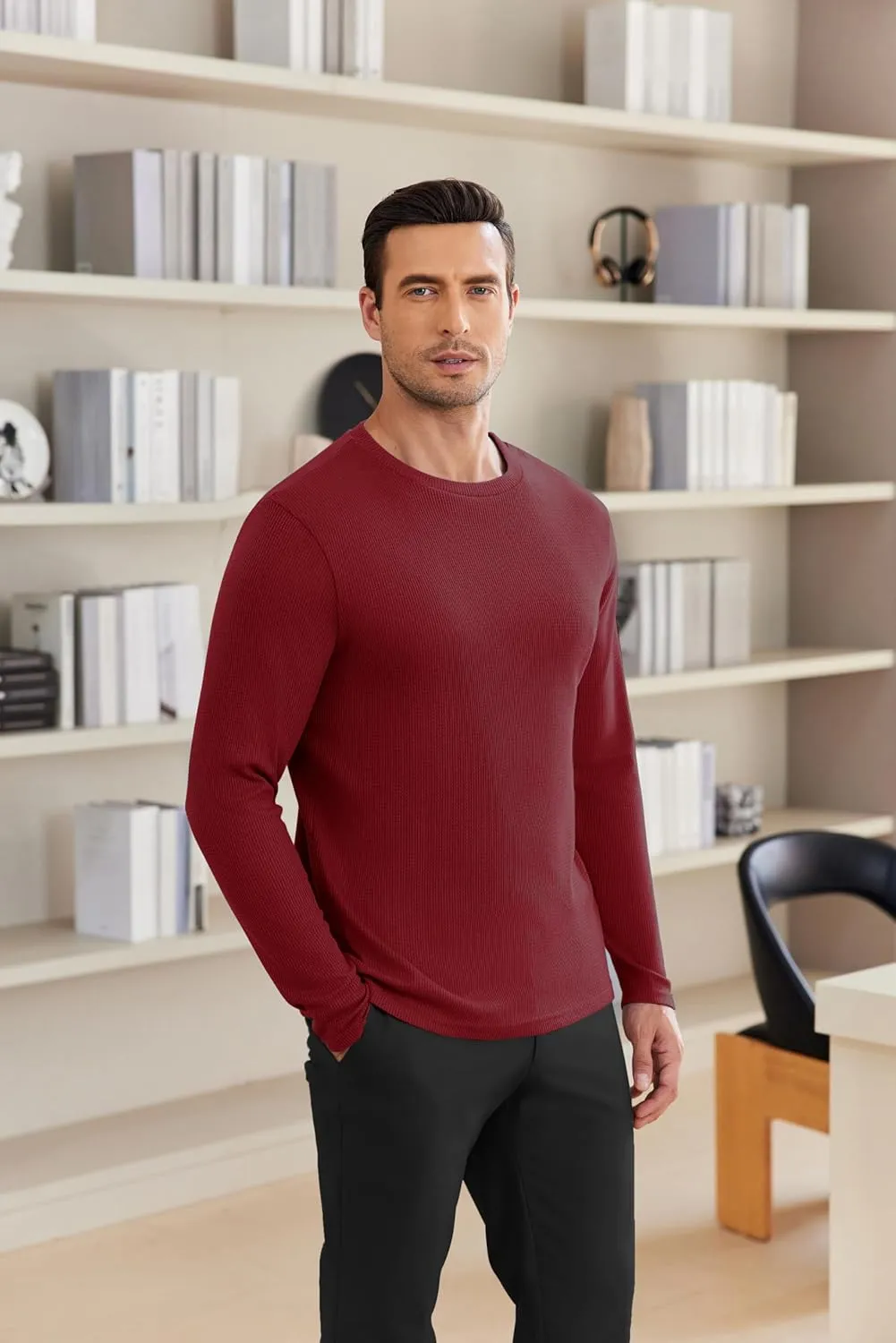 Ekouaer Men's Long Sleeve Shirts Honeycomb Waffle Pullover Sweater Crewneck Thermal Tops Lightweight Undershirts