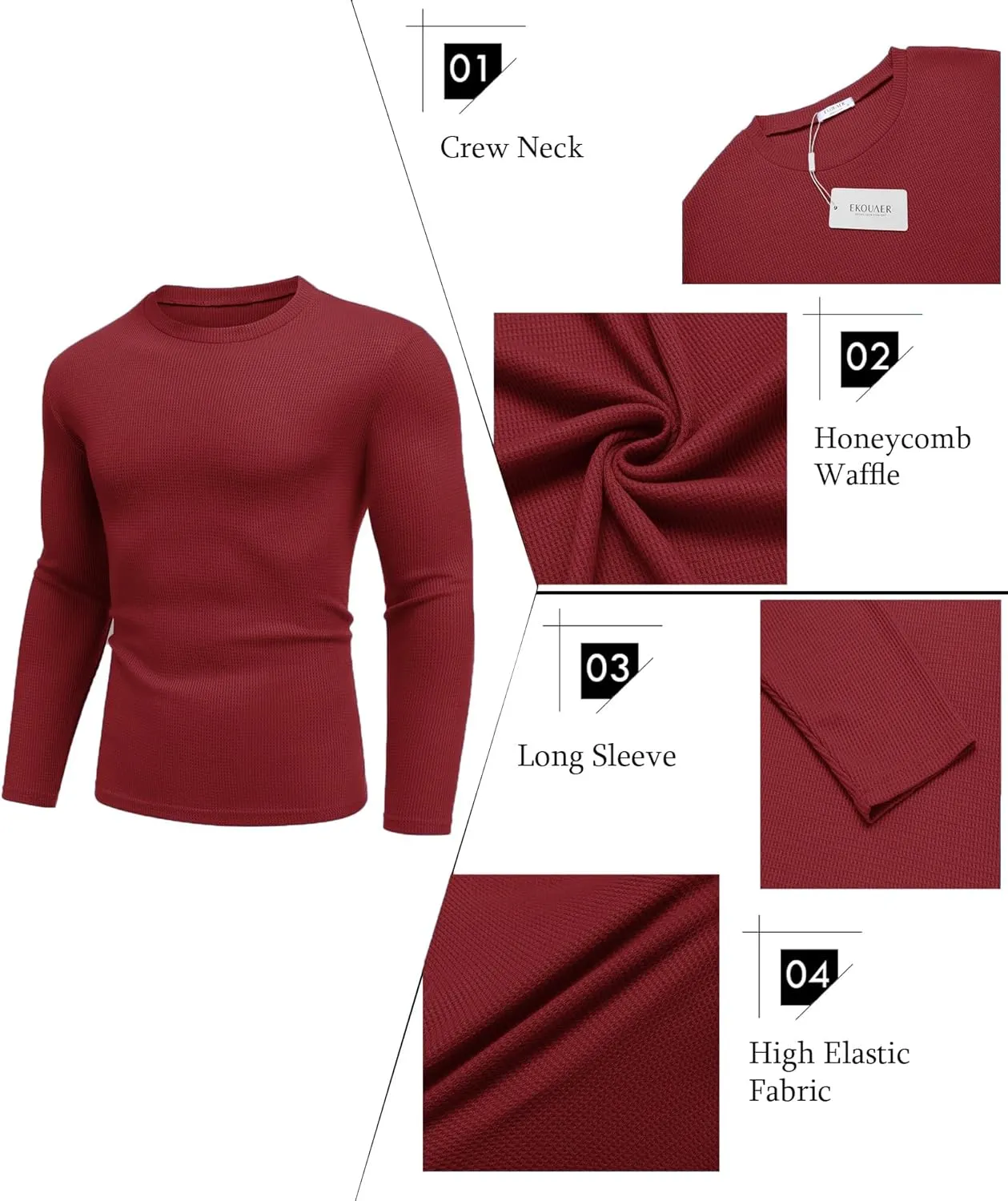 Ekouaer Men's Long Sleeve Shirts Honeycomb Waffle Pullover Sweater Crewneck Thermal Tops Lightweight Undershirts