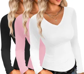 Ekouaer Womens 3 Pack Long Sleeve Shirts V Neck Slim Fit Lightweight Layer Tops 2024 Fall Clothes Thermal Undershirts