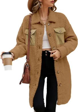 EVALESS Fuzzy Fleece Jackets for Women Fashion Long Sleeve Lapel Button Down Long Teddy Coat Faux Fur Warm Winter Outwear