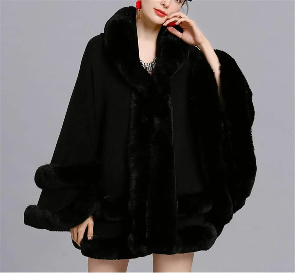 Faux Fur Hooded Coat Knitted Cloak Poncho Wedding Evening Prom Cape