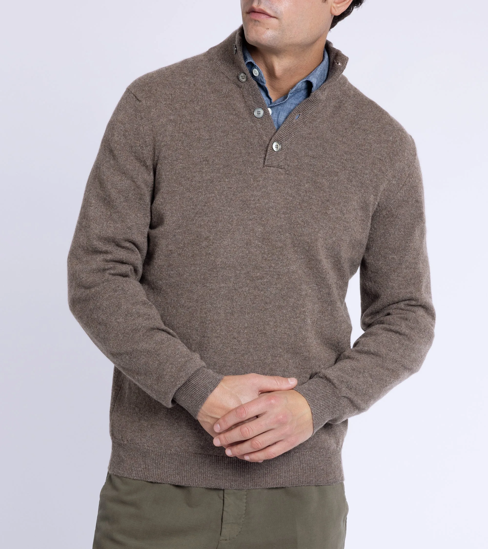 Fedeli Cashmere Button Neck Sweater: Brown
