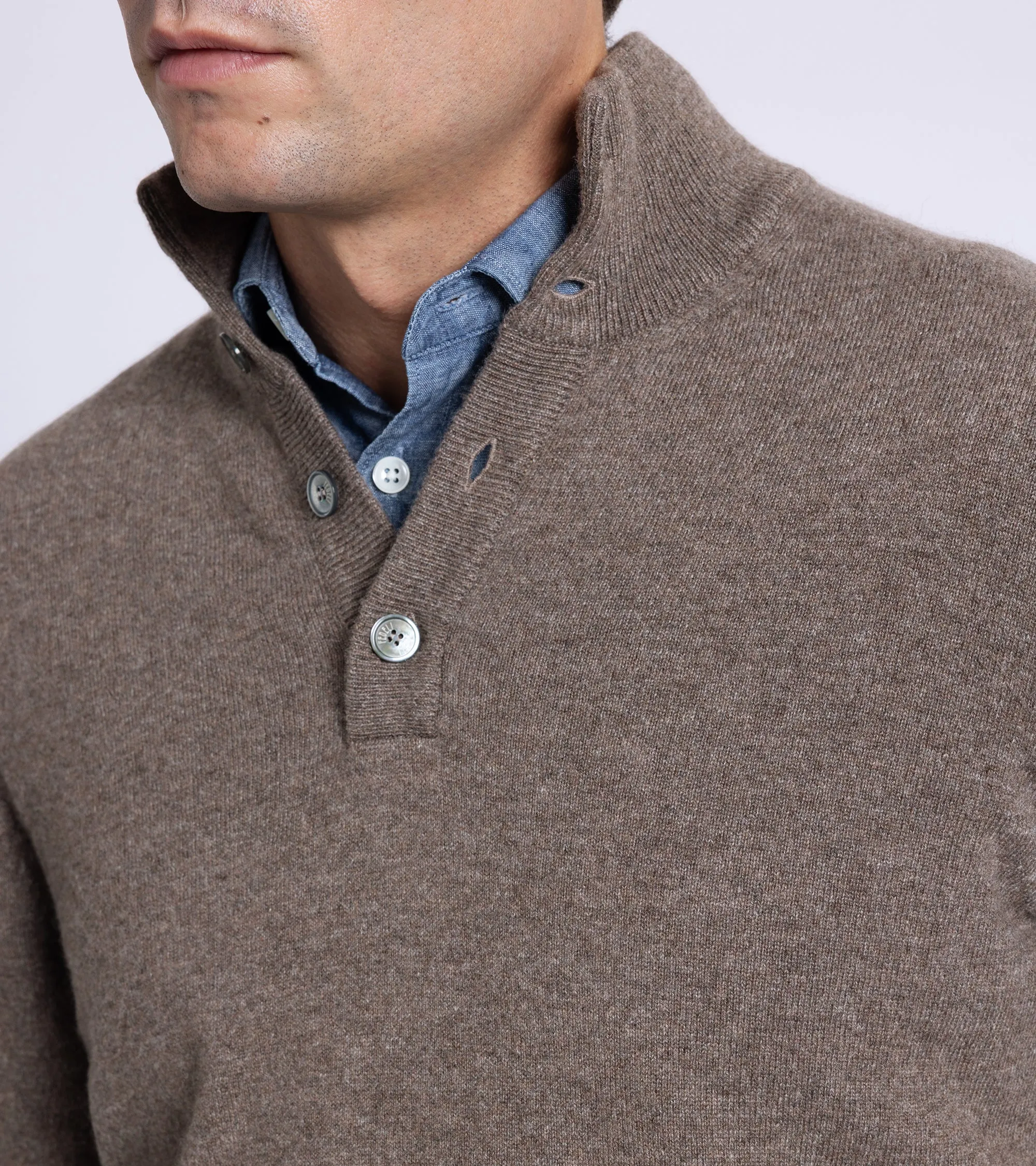 Fedeli Cashmere Button Neck Sweater: Brown