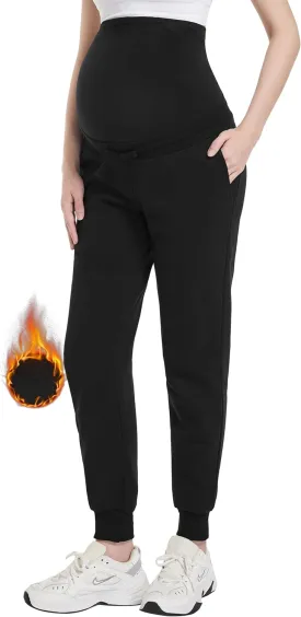 Foucome Maternity Fleece Lined Pants Winter Thermal Pregnancy Joggers Comfy Casual Sweatpants