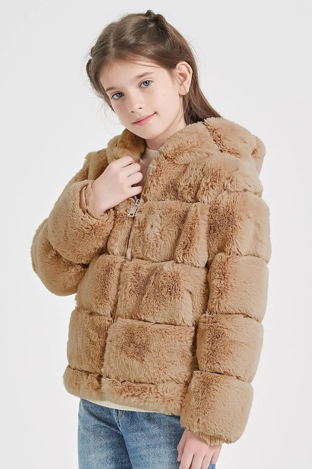 Giolshon Girls Faux Fur Fleece Jacket Sherpa Fuzzy Hoodie Winter Coat with Full Zip Fluffy Outerwear 2169