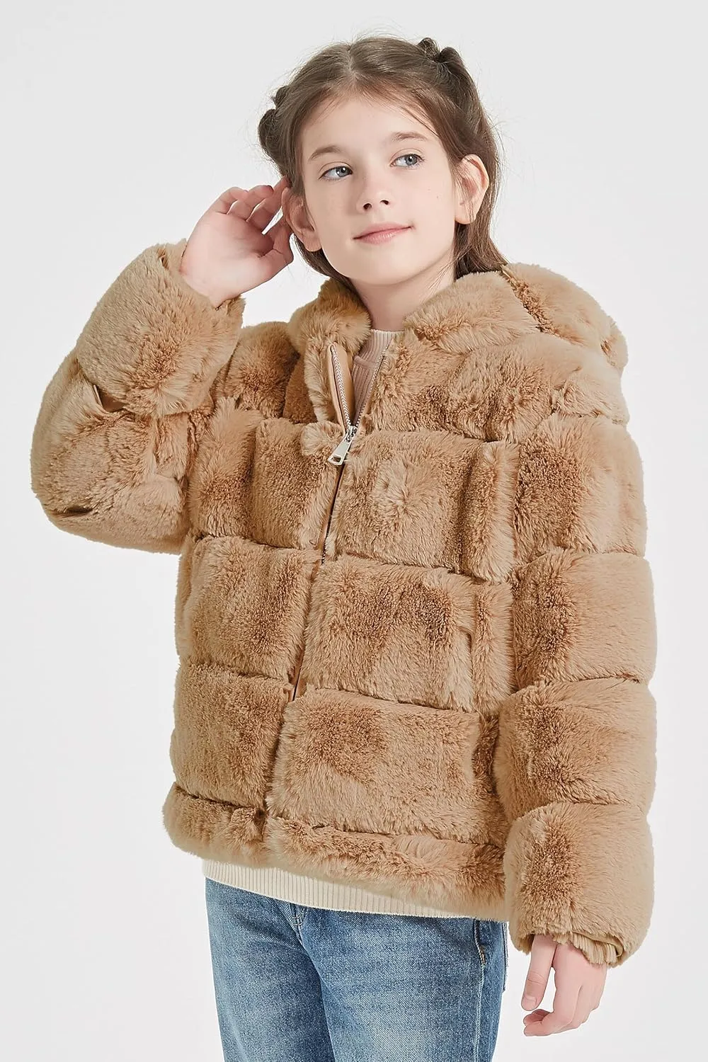 Giolshon Girls Faux Fur Fleece Jacket Sherpa Fuzzy Hoodie Winter Coat with Full Zip Fluffy Outerwear 2169