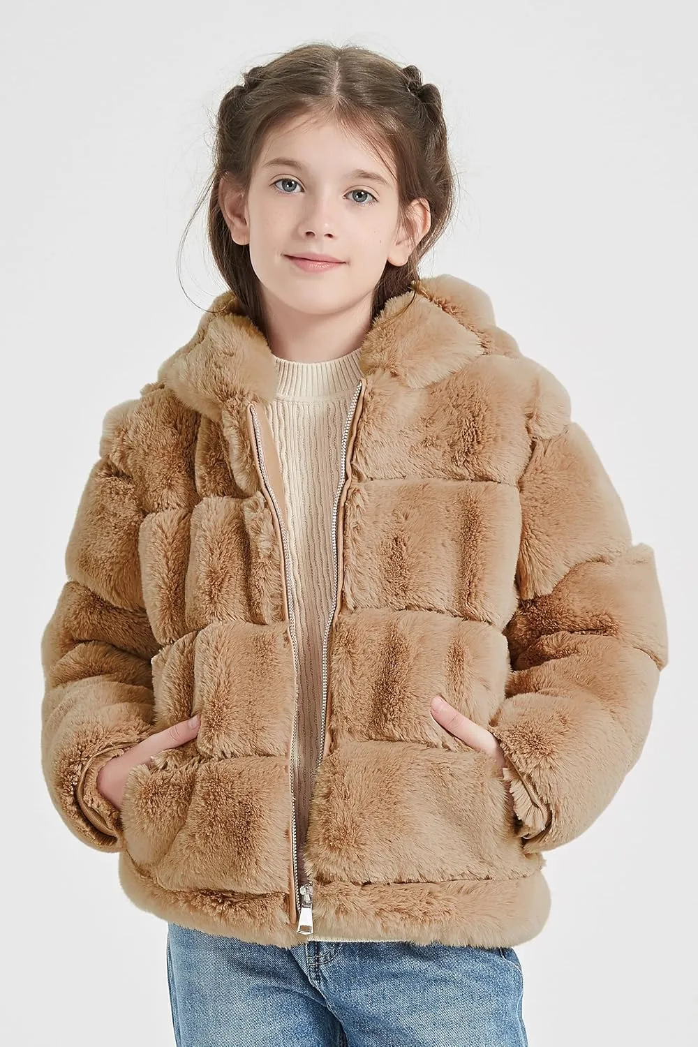 Giolshon Girls Faux Fur Fleece Jacket Sherpa Fuzzy Hoodie Winter Coat with Full Zip Fluffy Outerwear 2169