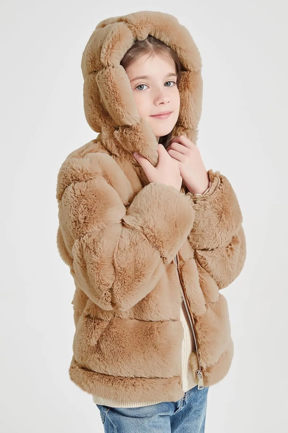 Giolshon Girls Faux Fur Fleece Jacket Sherpa Fuzzy Hoodie Winter Coat with Full Zip Fluffy Outerwear 2169