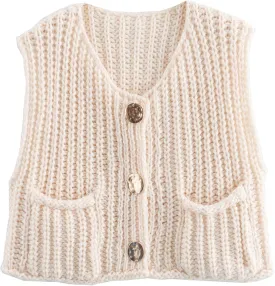 Hixiaohe Womens Crochet Chunky Knit Top Sleeveless Button Down Crop Tops Trendy Cardigan Sweater Vest for Women with Pockets