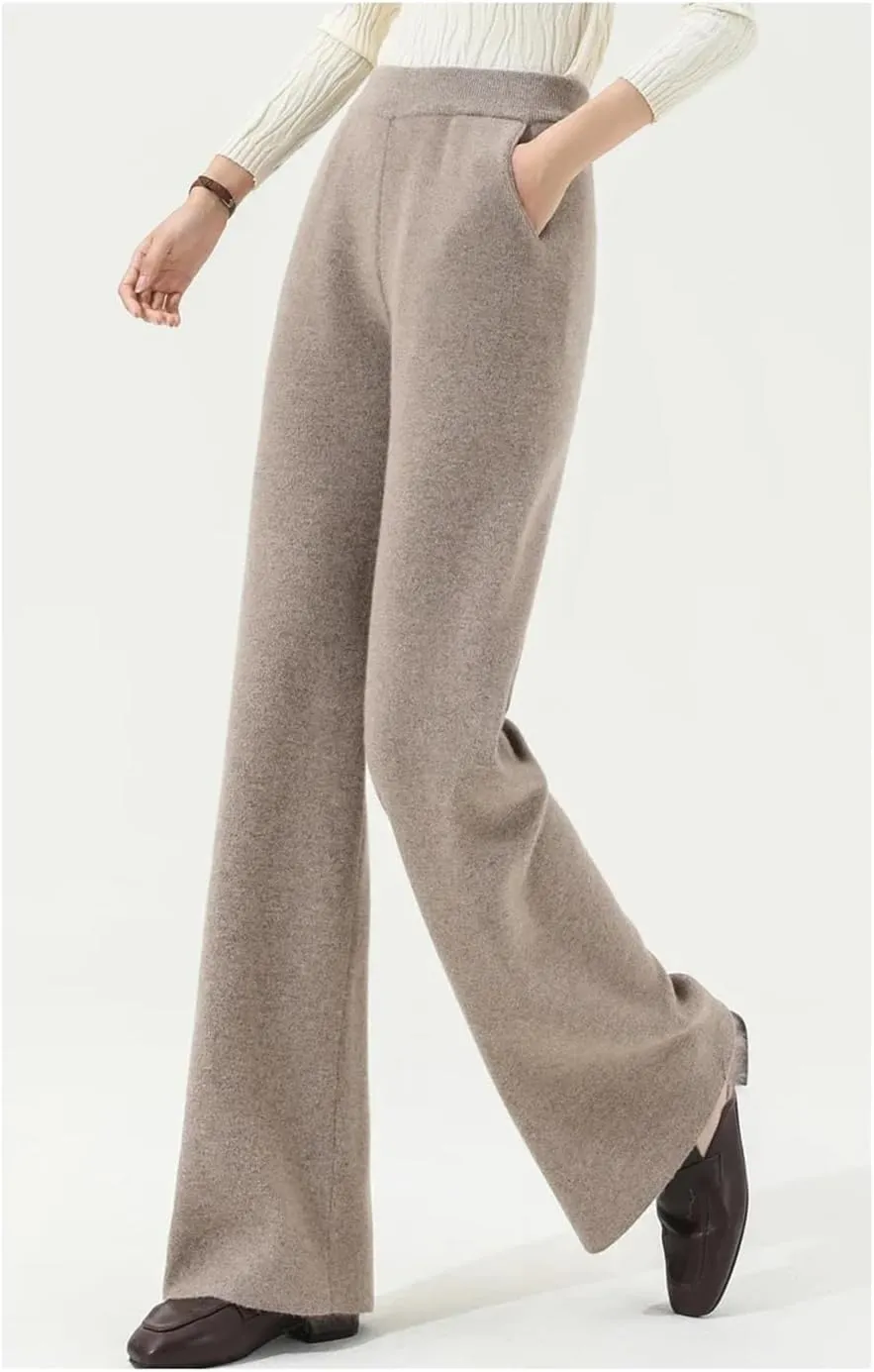 Hndudnff Women Wool Rib Knit Wide Leg Pants Winter Loose Thick Soft Merino Wool Long Trousers