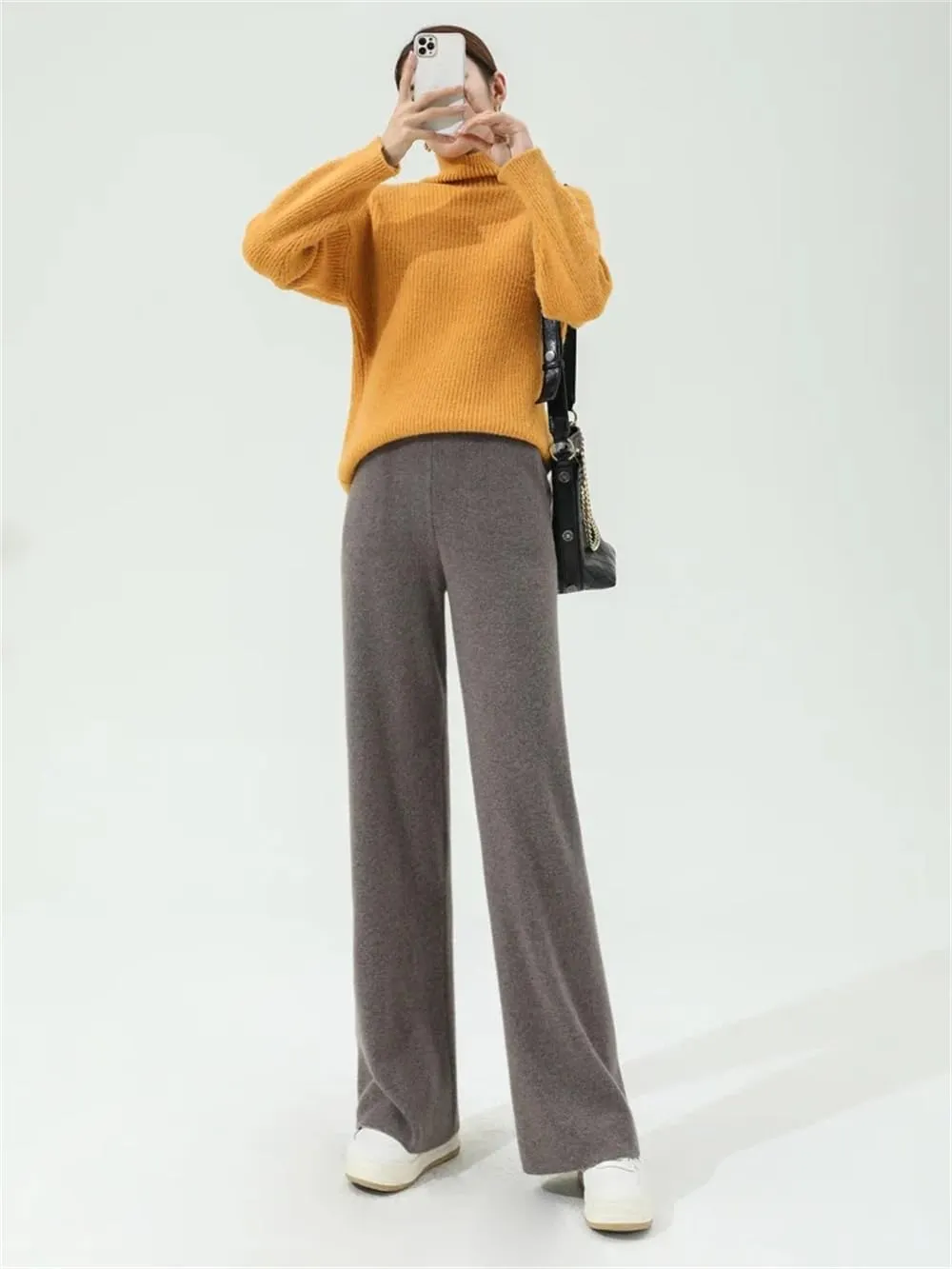 Hndudnff Women Wool Rib Knit Wide Leg Pants Winter Loose Thick Soft Merino Wool Long Trousers