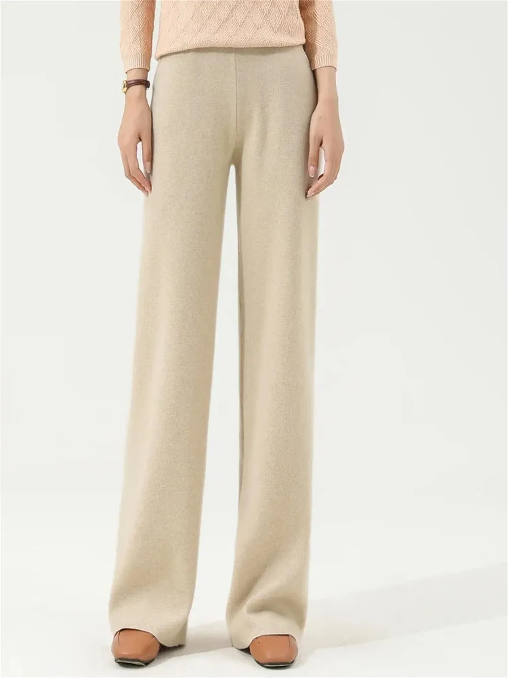 Hndudnff Women Wool Rib Knit Wide Leg Pants Winter Loose Thick Soft Merino Wool Long Trousers