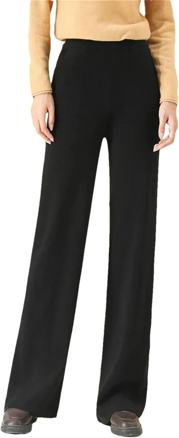 Hndudnff Women Wool Rib Knit Wide Leg Pants Winter Loose Thick Soft Merino Wool Long Trousers