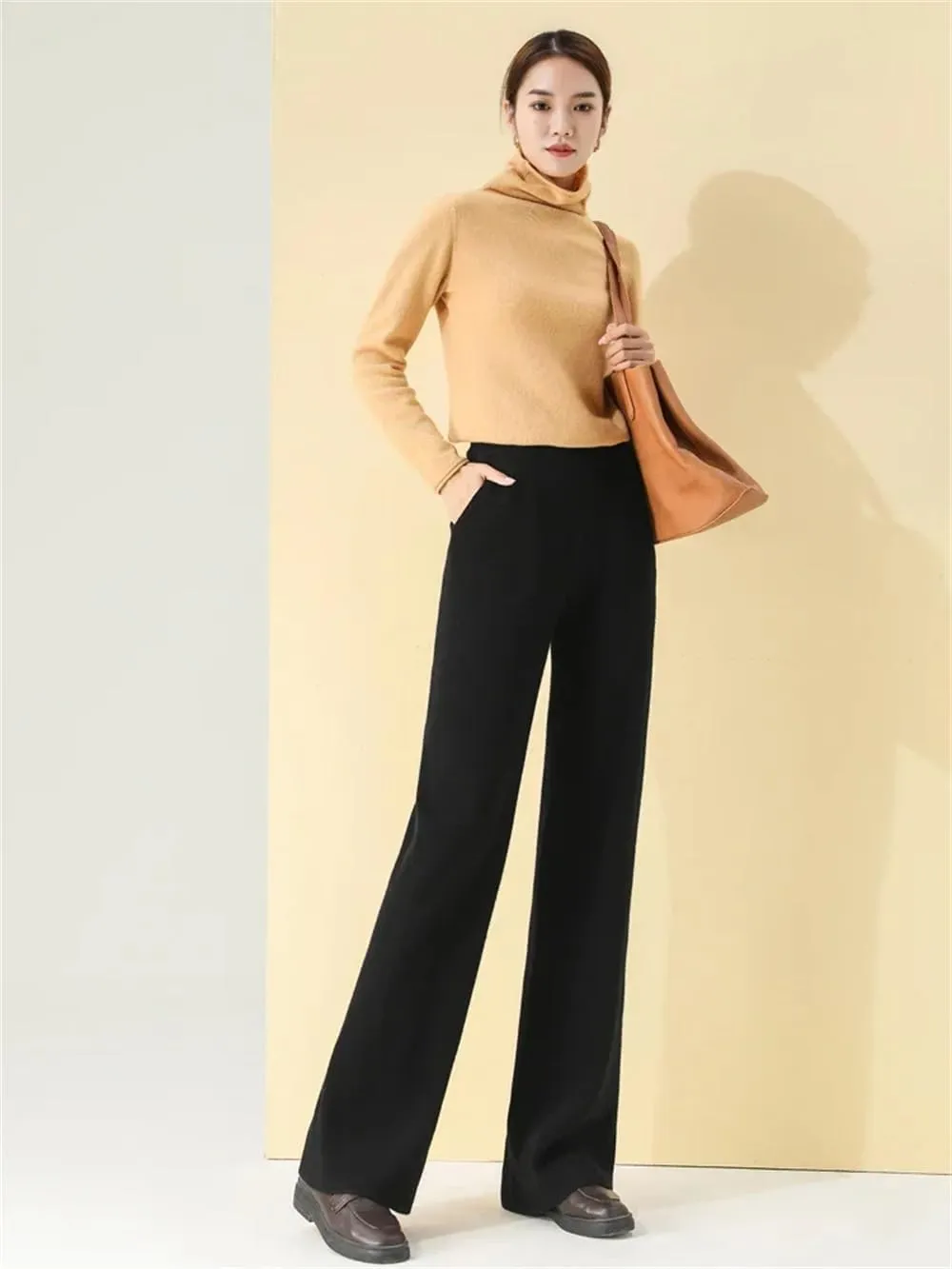 Hndudnff Women Wool Rib Knit Wide Leg Pants Winter Loose Thick Soft Merino Wool Long Trousers