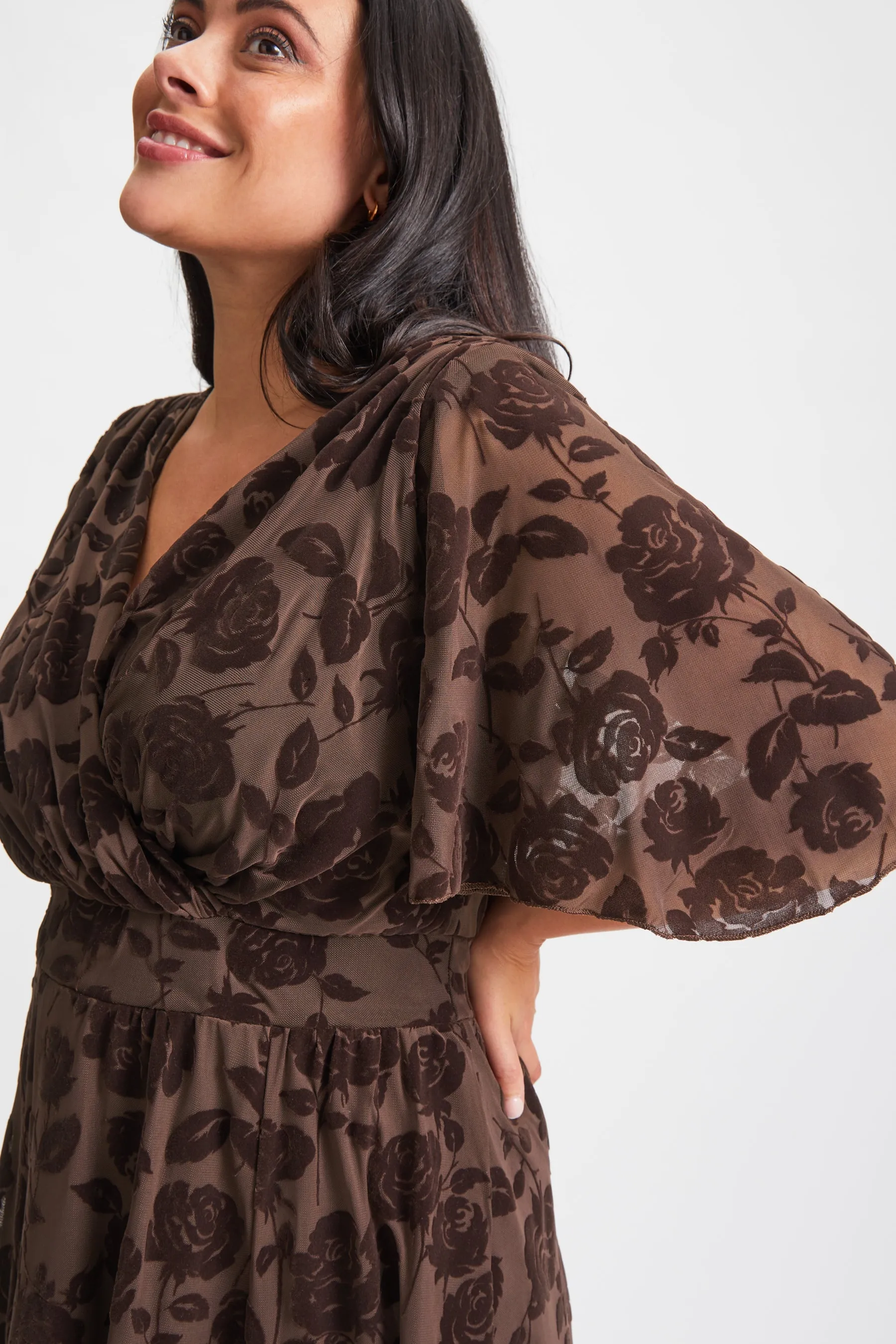 Julie Chocolate Velvet Flock Hanky Hem Dress