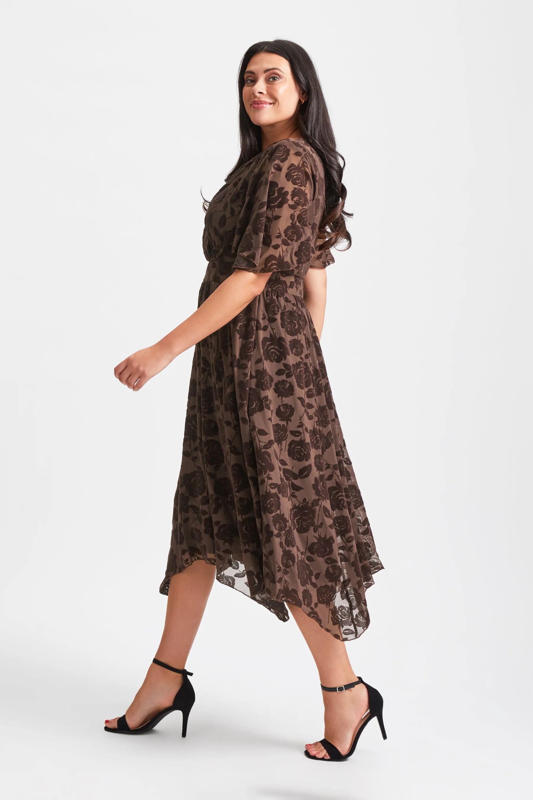 Julie Chocolate Velvet Flock Hanky Hem Dress