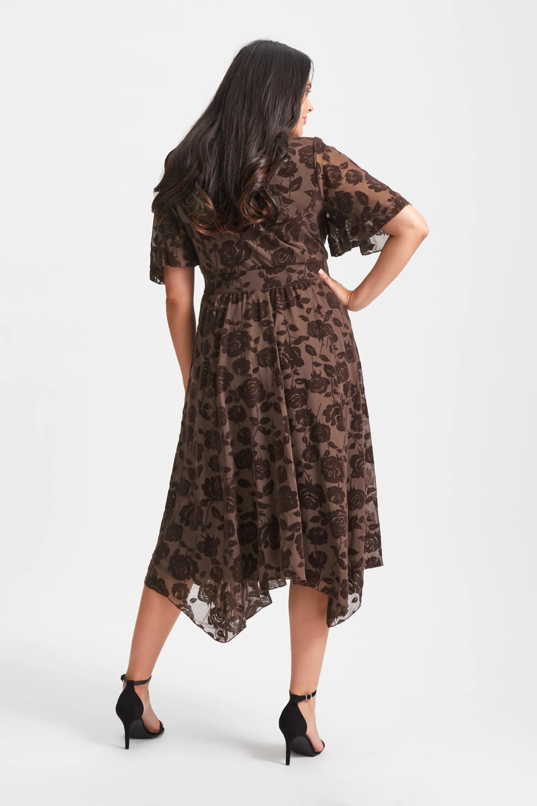 Julie Chocolate Velvet Flock Hanky Hem Dress