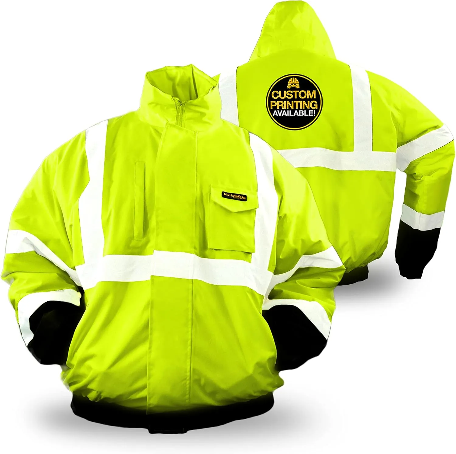 KwikSafety - Charlotte, NC - GUARD Bomber Safety Jacket [FOLDABLE HOOD] Class 3 Water Resistant ANSI OSHA Reflective Work Gear/Yellow Medium