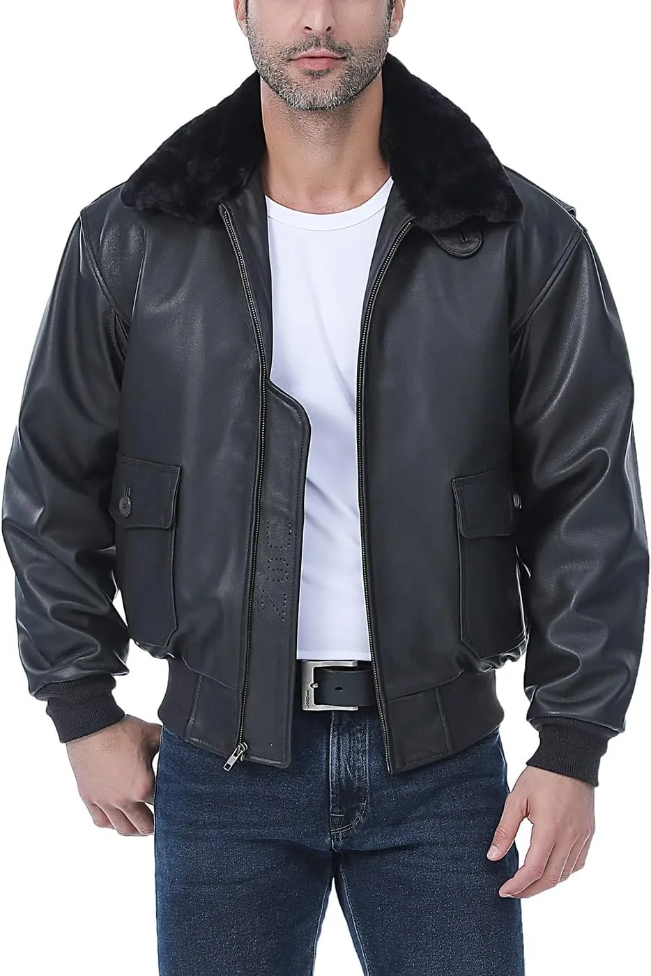 Landing Leathers Men Premium Navy G-1 Goatskin Leather Flight Bomber Jacket (Also available in Big & Tall)