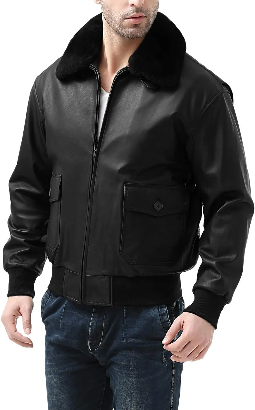 Landing Leathers Men Premium Navy G-1 Goatskin Leather Flight Bomber Jacket (Also available in Big & Tall)