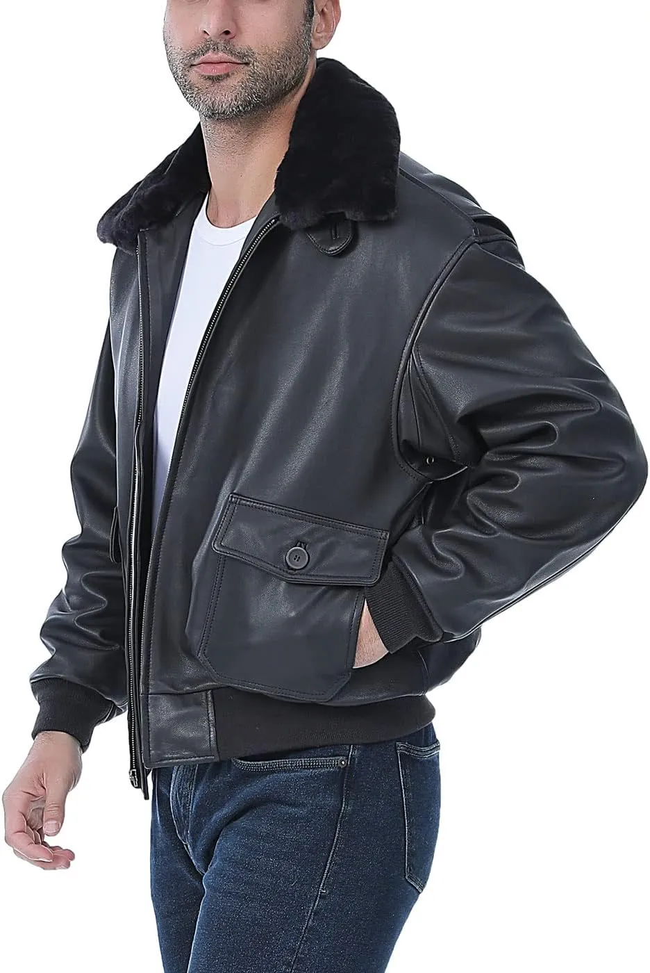 Landing Leathers Men Premium Navy G-1 Goatskin Leather Flight Bomber Jacket (Also available in Big & Tall)