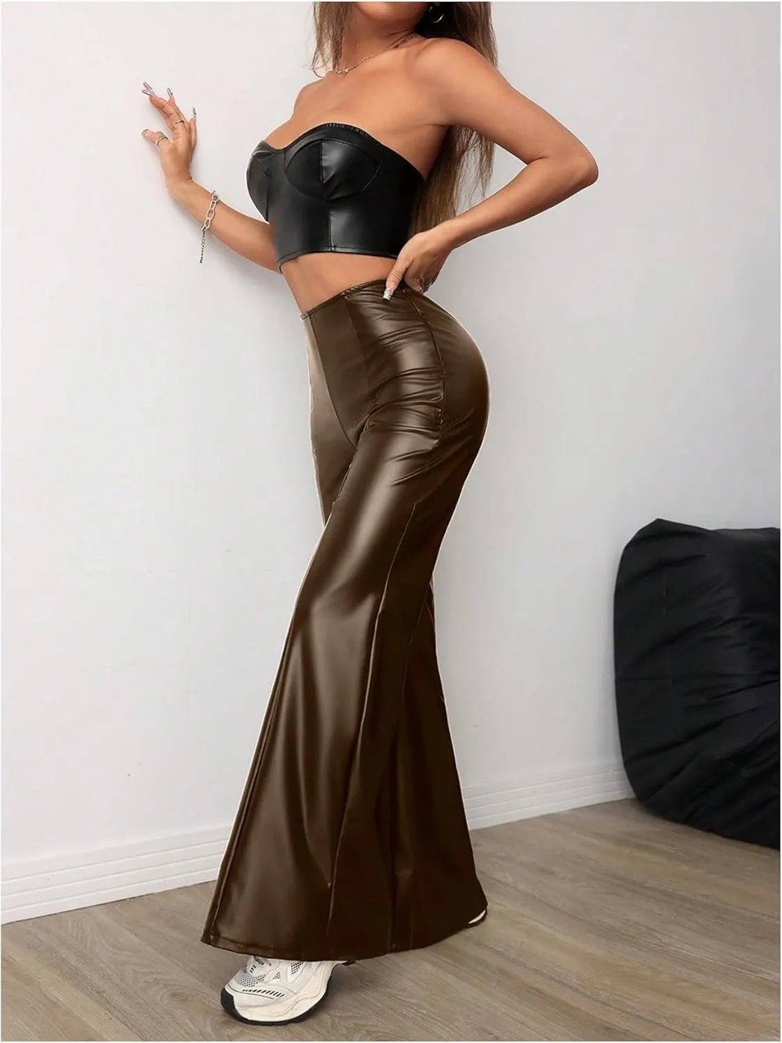 MakeMeChic Women's Faux Leather Pants Wide Leg Straight Baggy Trousers with Pockets