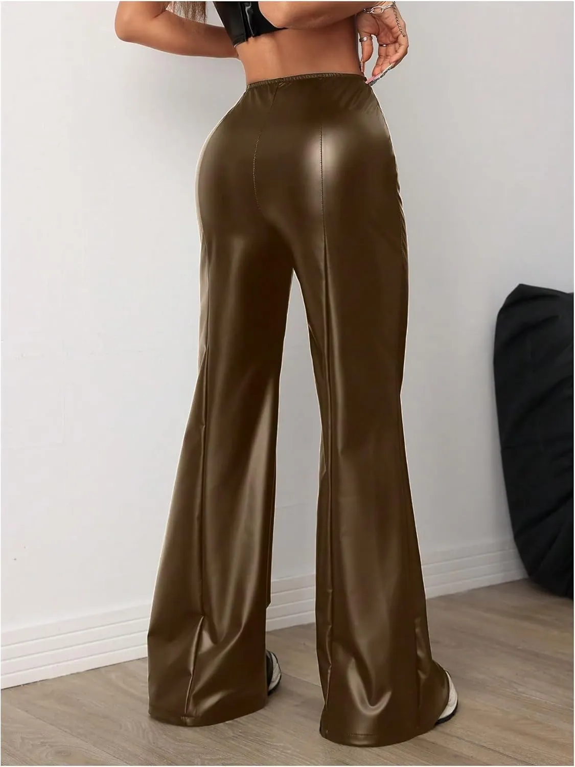 MakeMeChic Women's Faux Leather Pants Wide Leg Straight Baggy Trousers with Pockets