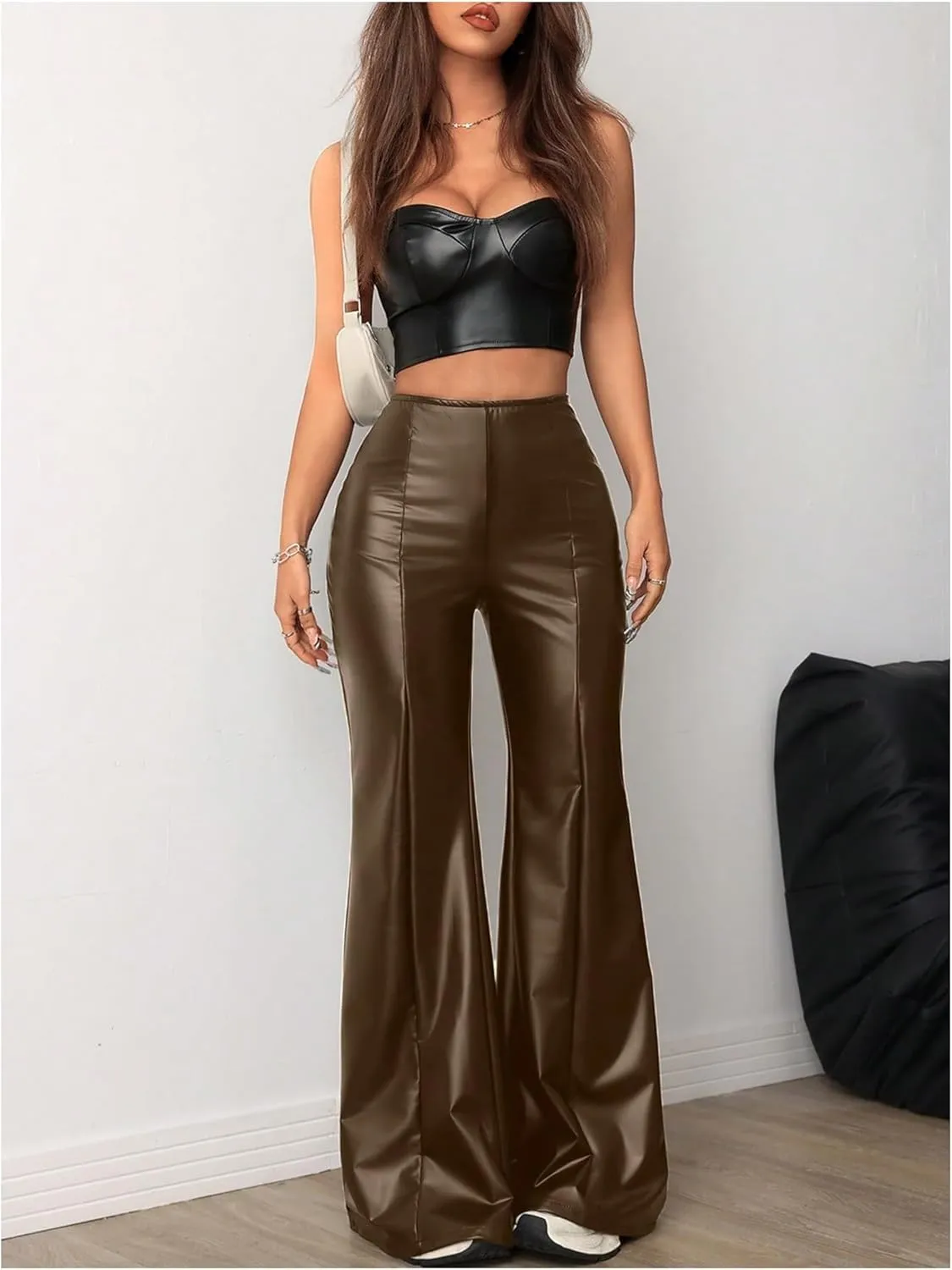 MakeMeChic Women's Faux Leather Pants Wide Leg Straight Baggy Trousers with Pockets