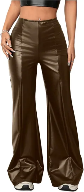MakeMeChic Women's Faux Leather Pants Wide Leg Straight Baggy Trousers with Pockets