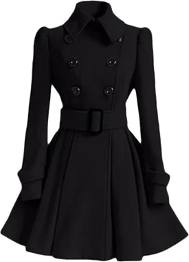 MAYRAIN Women's Mid Long Winter Overcoat Collar Double Breasted Coat Outerwear Elegant Fit Pea Coat