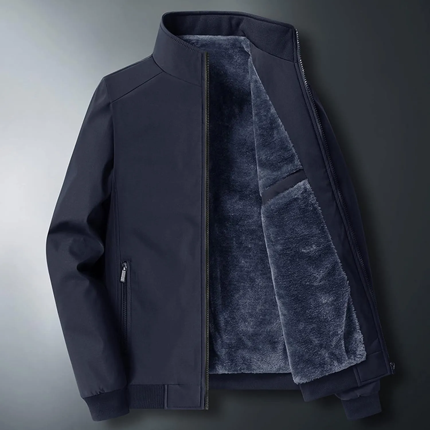 Mens Fashion Plush Thick Jacket Winter Fleece Lined Warm Coat Stand Collar Zipper Pocket Parka Work Cargo Windbreaker
