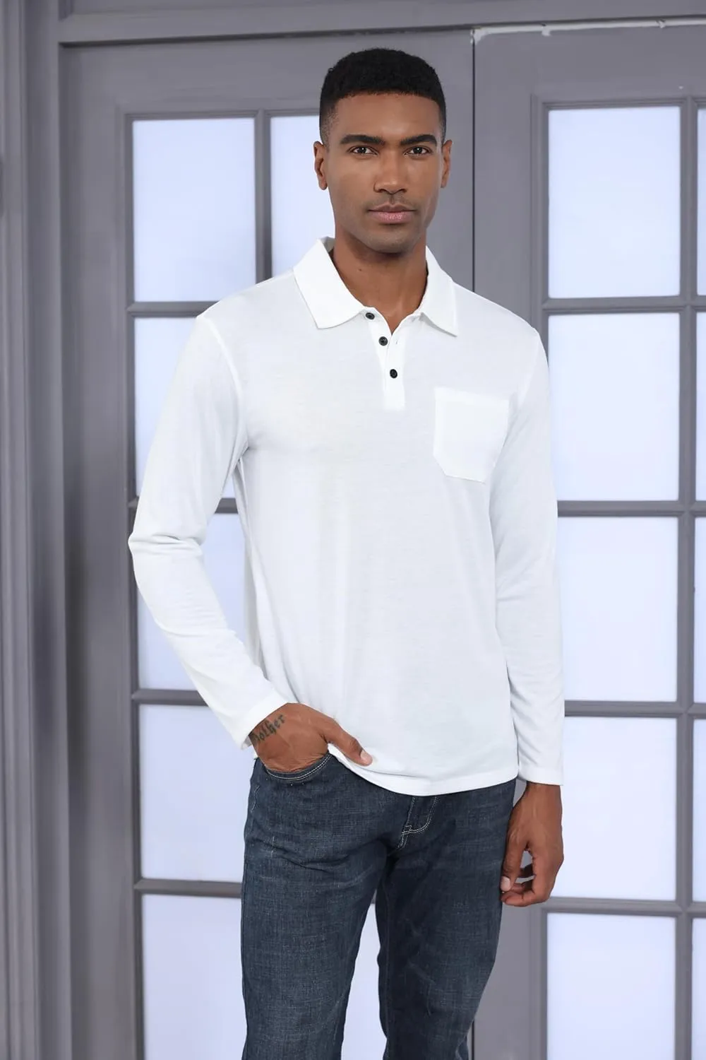 Mens Fashion Polo Shirts Casual Long Sleeve Classic Polo T-Shirts Thermal Golf Shirts Slim Fit Tops