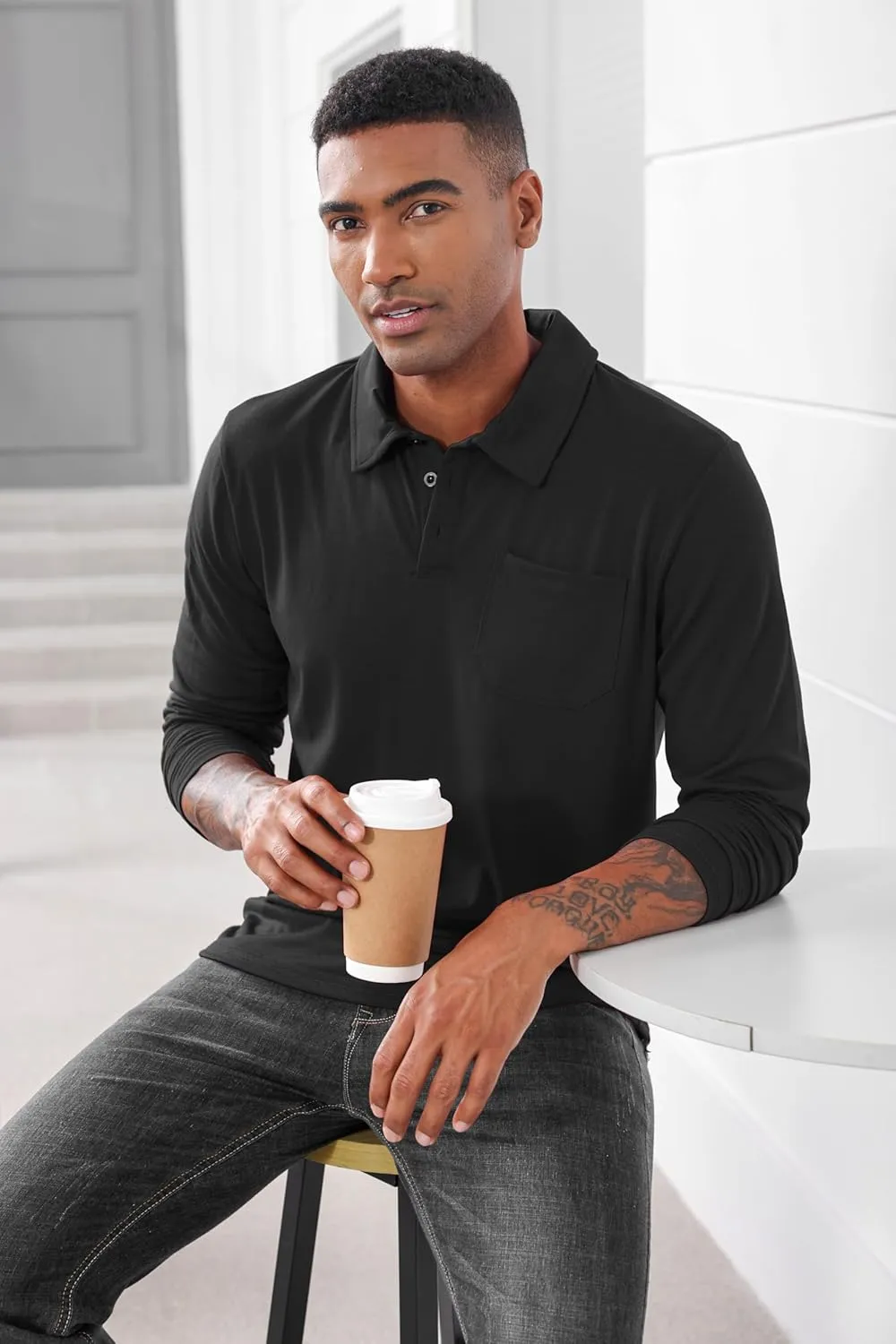 Mens Fashion Polo Shirts Casual Long Sleeve Classic Polo T-Shirts Thermal Golf Shirts Slim Fit Tops