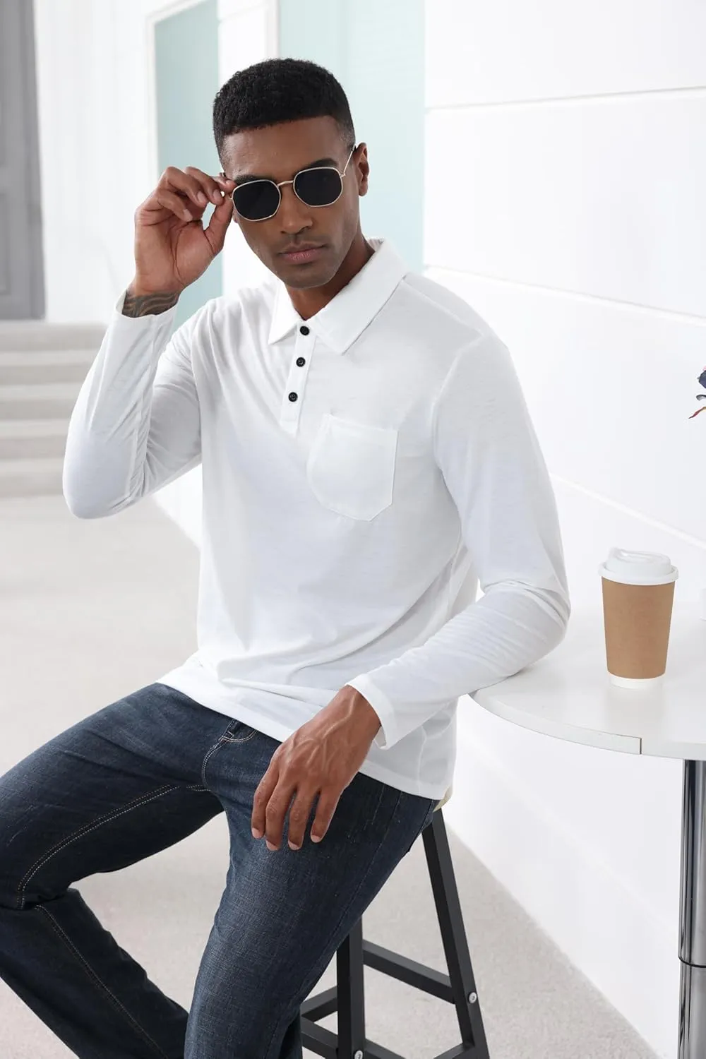 Mens Fashion Polo Shirts Casual Long Sleeve Classic Polo T-Shirts Thermal Golf Shirts Slim Fit Tops