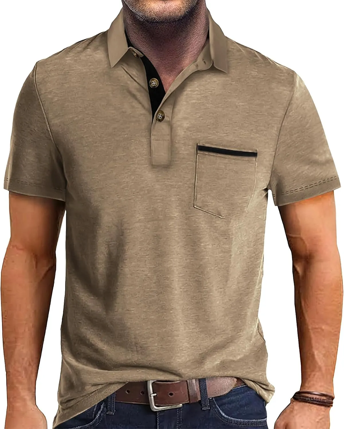 Mens Fashion Polo Shirts Cotton Classic Long Sleeve Thermal Button Shirt with Pocket