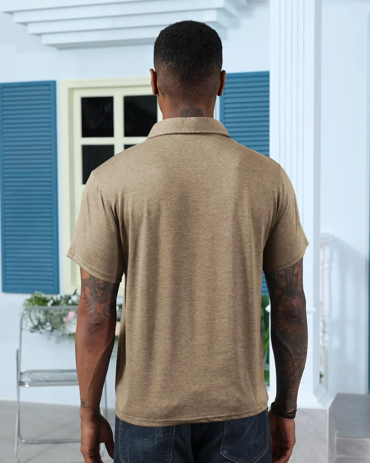 Mens Fashion Polo Shirts Cotton Classic Long Sleeve Thermal Button Shirt with Pocket