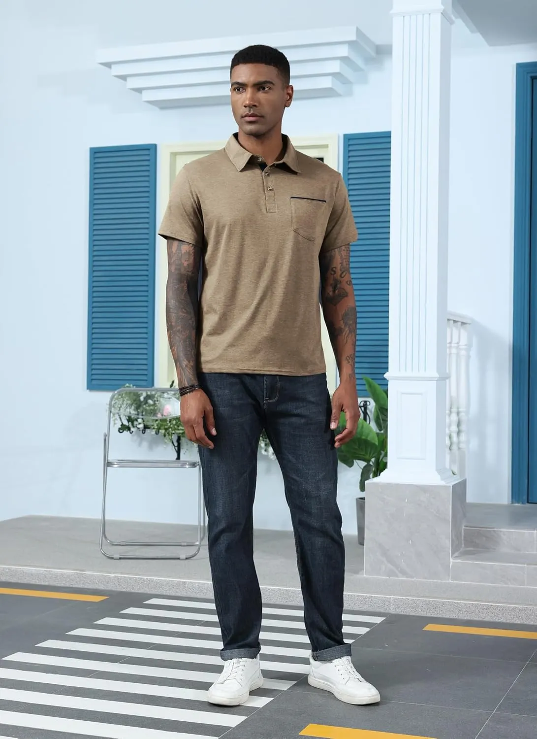 Mens Fashion Polo Shirts Cotton Classic Long Sleeve Thermal Button Shirt with Pocket
