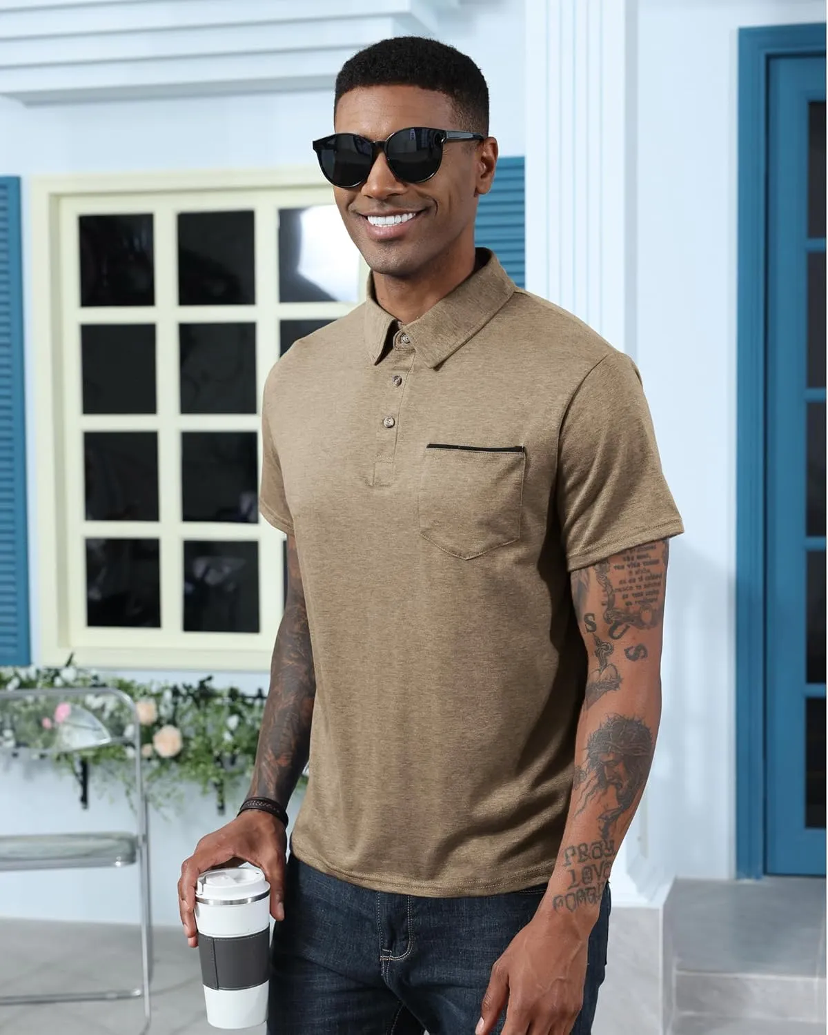 Mens Fashion Polo Shirts Cotton Classic Long Sleeve Thermal Button Shirt with Pocket