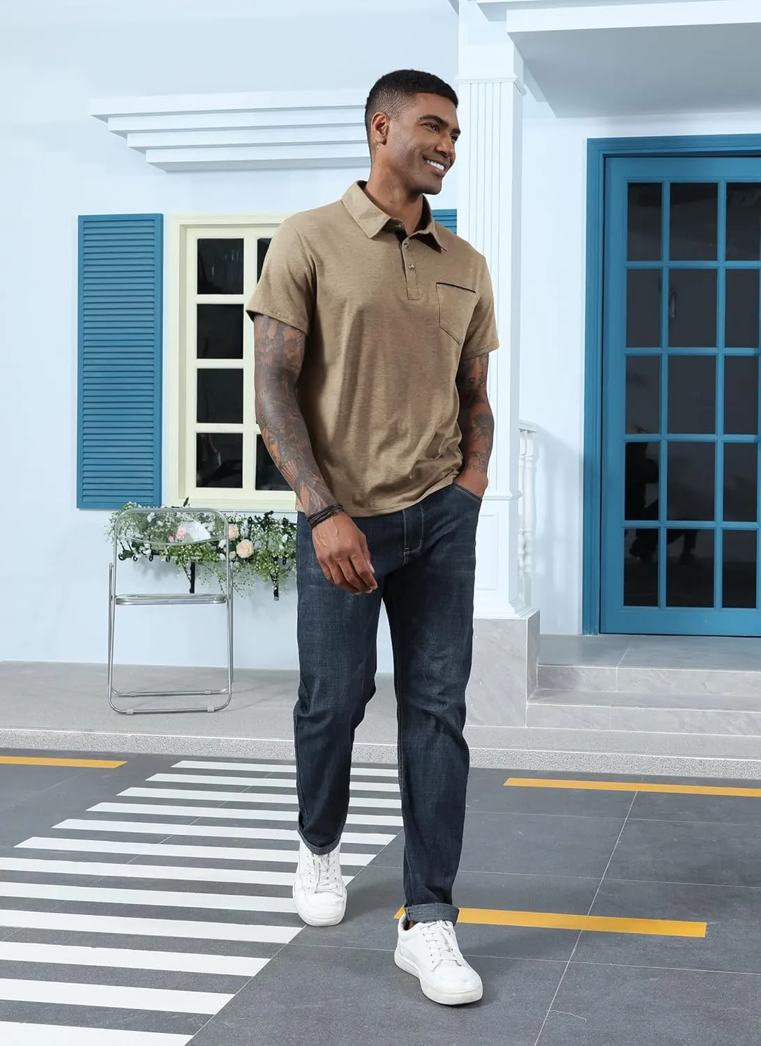 Mens Fashion Polo Shirts Cotton Classic Long Sleeve Thermal Button Shirt with Pocket