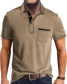 Mens Fashion Polo Shirts Cotton Classic Long Sleeve Thermal Button Shirt with Pocket