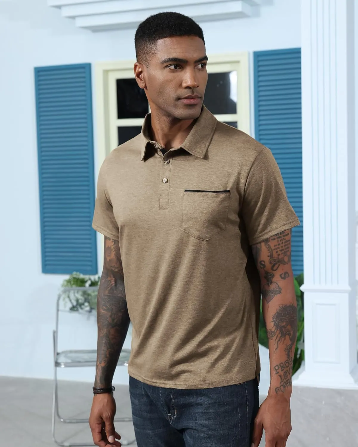 Mens Fashion Polo Shirts Cotton Classic Long Sleeve Thermal Button Shirt with Pocket
