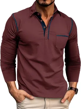 Men's Long Sleeve Polo Shirts, Casual Business Cotton Blend Thermal Button Down Golf Shirt with Pocket