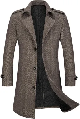 Mens Pea Coat Single Notched Collar Trench Coat Winter Wool Blend Warm Overcoat Slim Fit Plus Size Peacoat