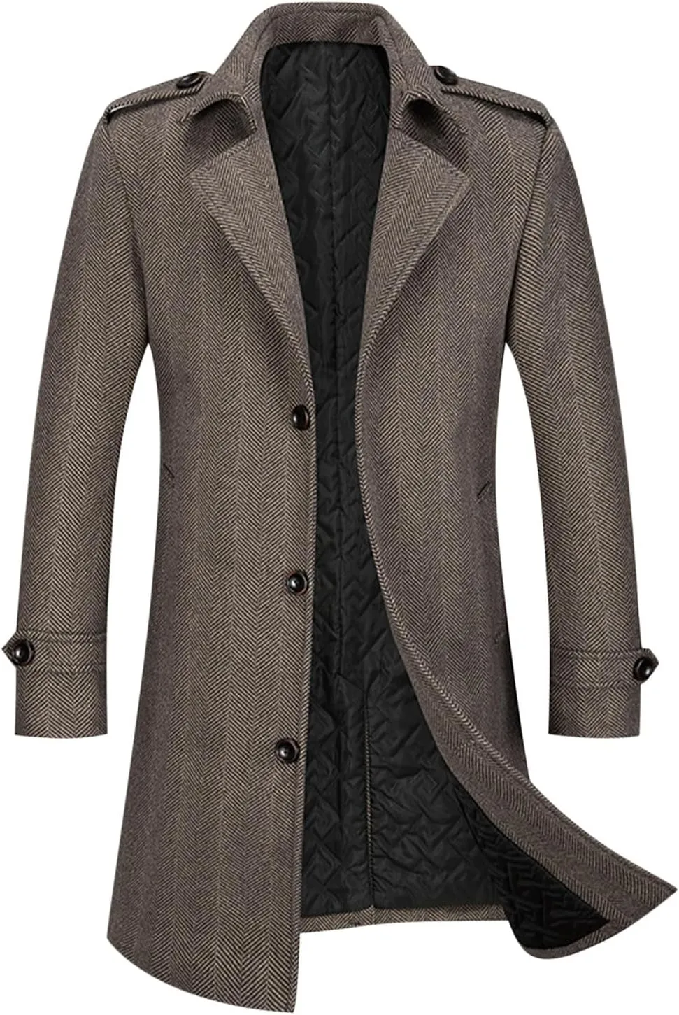 Mens Pea Coat Single Notched Collar Trench Coat Winter Wool Blend Warm Overcoat Slim Fit Plus Size Peacoat