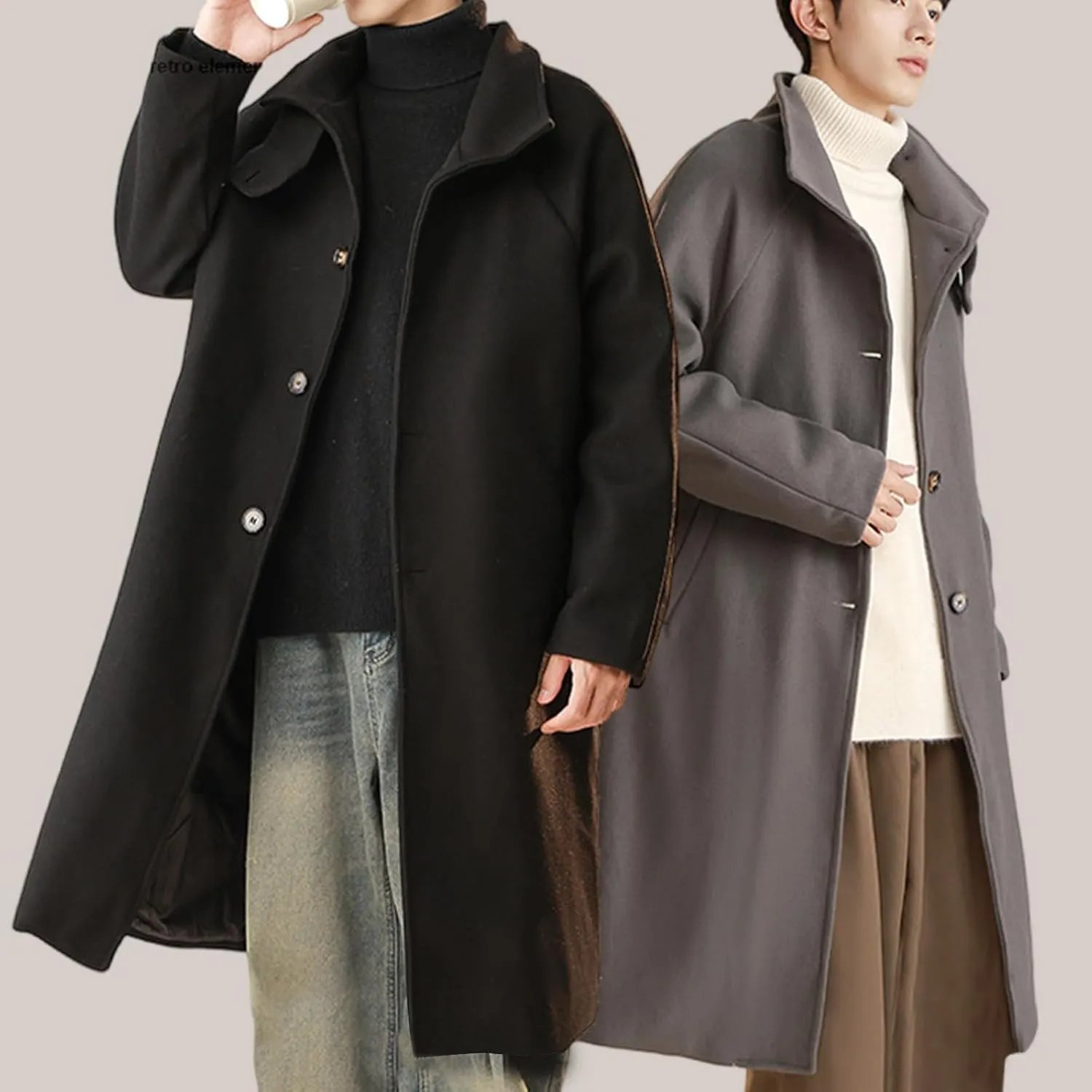 Mens Peacoat Jacket Winter Stand Collar Wool Blend Trench Coat Single Long Overcoat Soild Pea Coat Jackets
