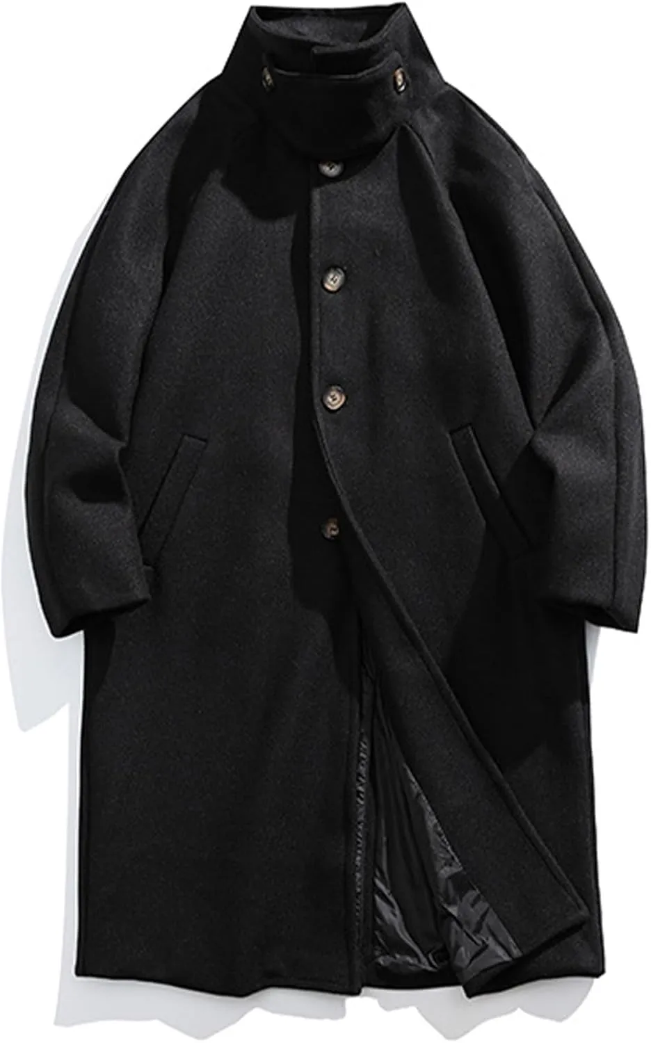 Mens Peacoat Jacket Winter Stand Collar Wool Blend Trench Coat Single Long Overcoat Soild Pea Coat Jackets