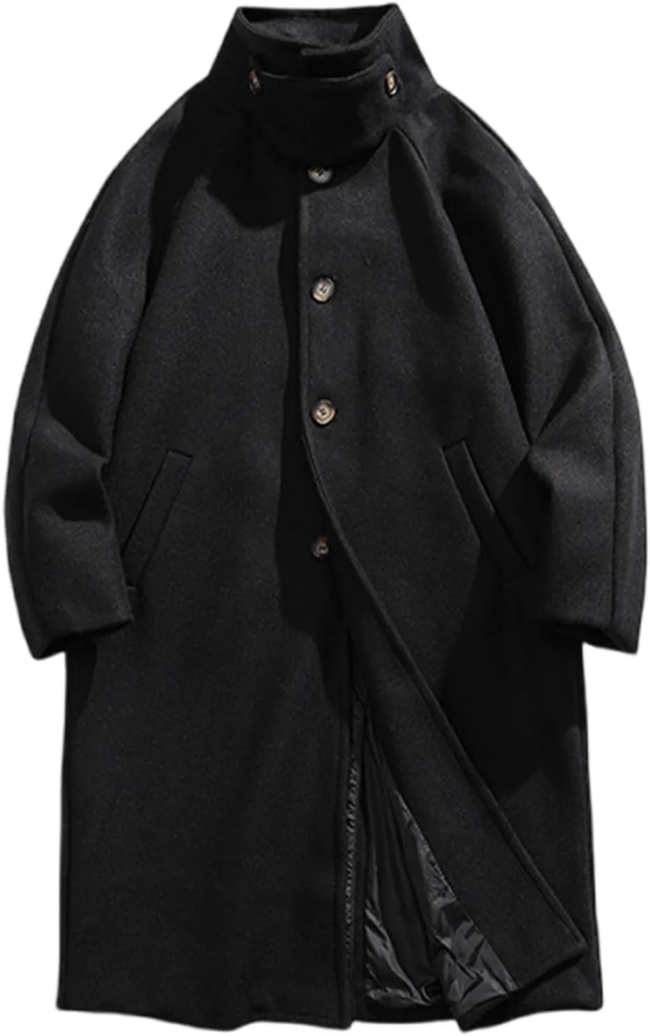 Mens Peacoat Jacket Winter Stand Collar Wool Blend Trench Coat Single Long Overcoat Soild Pea Coat Jackets