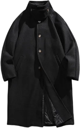 Mens Peacoat Jacket Winter Stand Collar Wool Blend Trench Coat Single Long Overcoat Soild Pea Coat Jackets